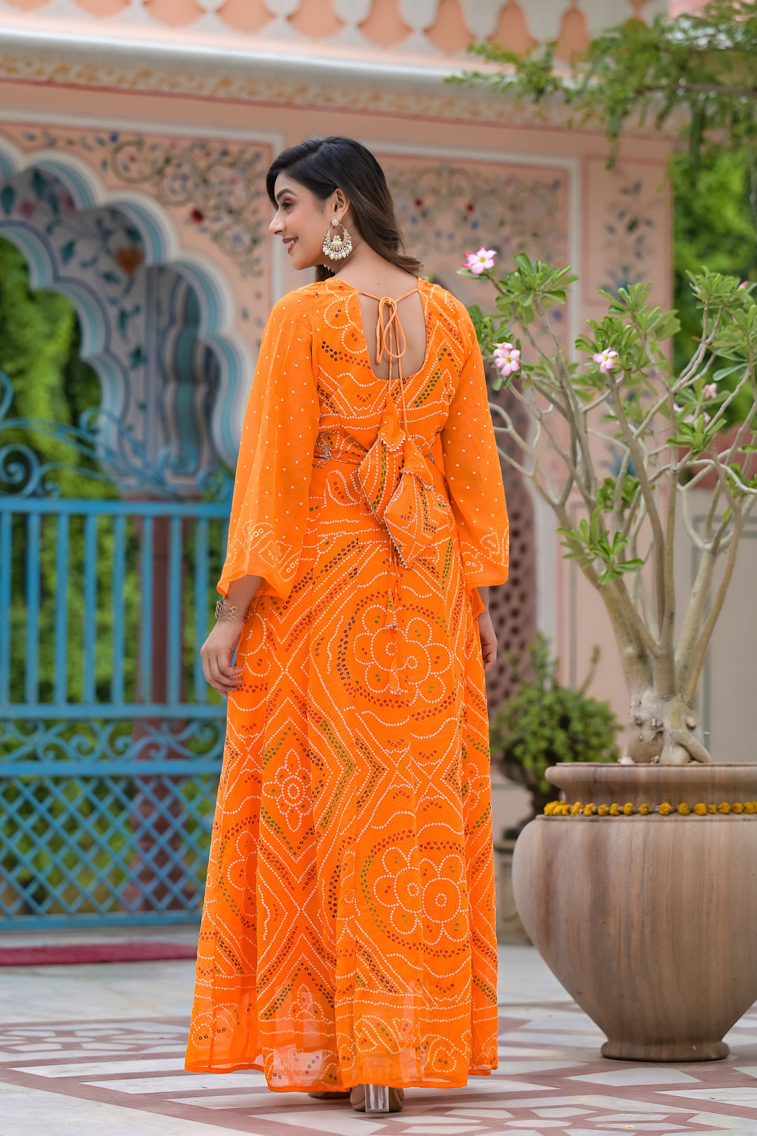 Traditional Bhandhej Style Anarkali kurta set Orange