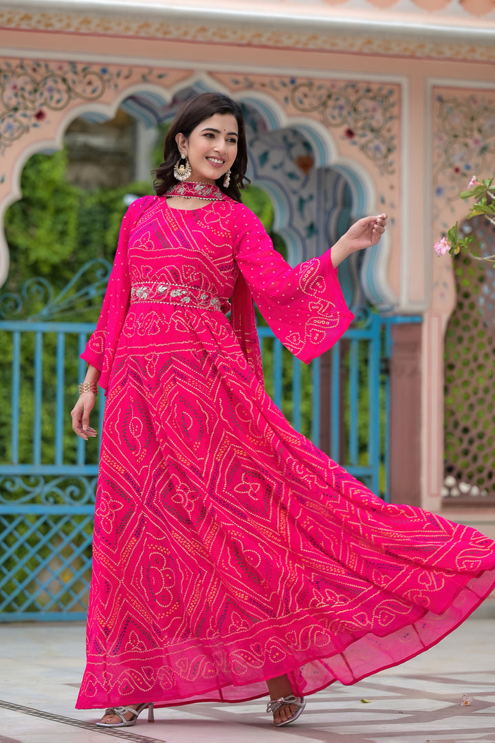 Traditional Bhandhej Style Anarkali kurta set Pink