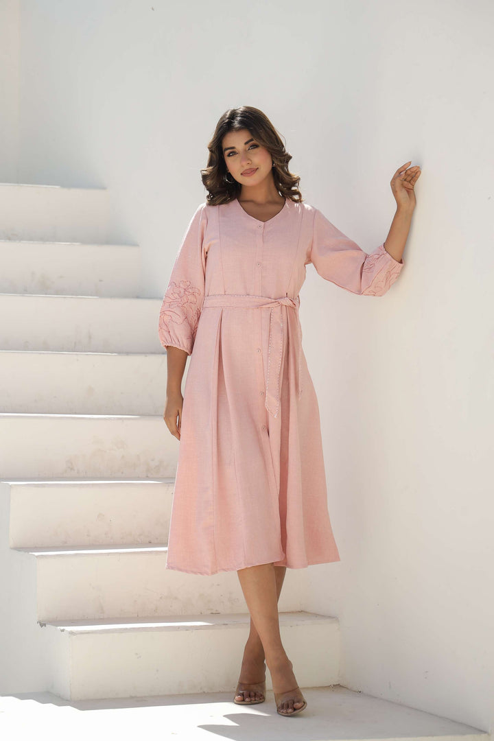 Soft Blush Pink Embroidered Cotton Midi Dress