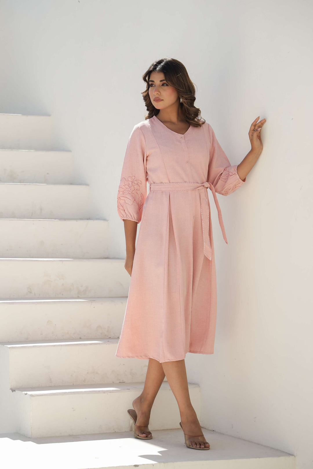 Soft Blush Pink Embroidered Cotton Midi Dress