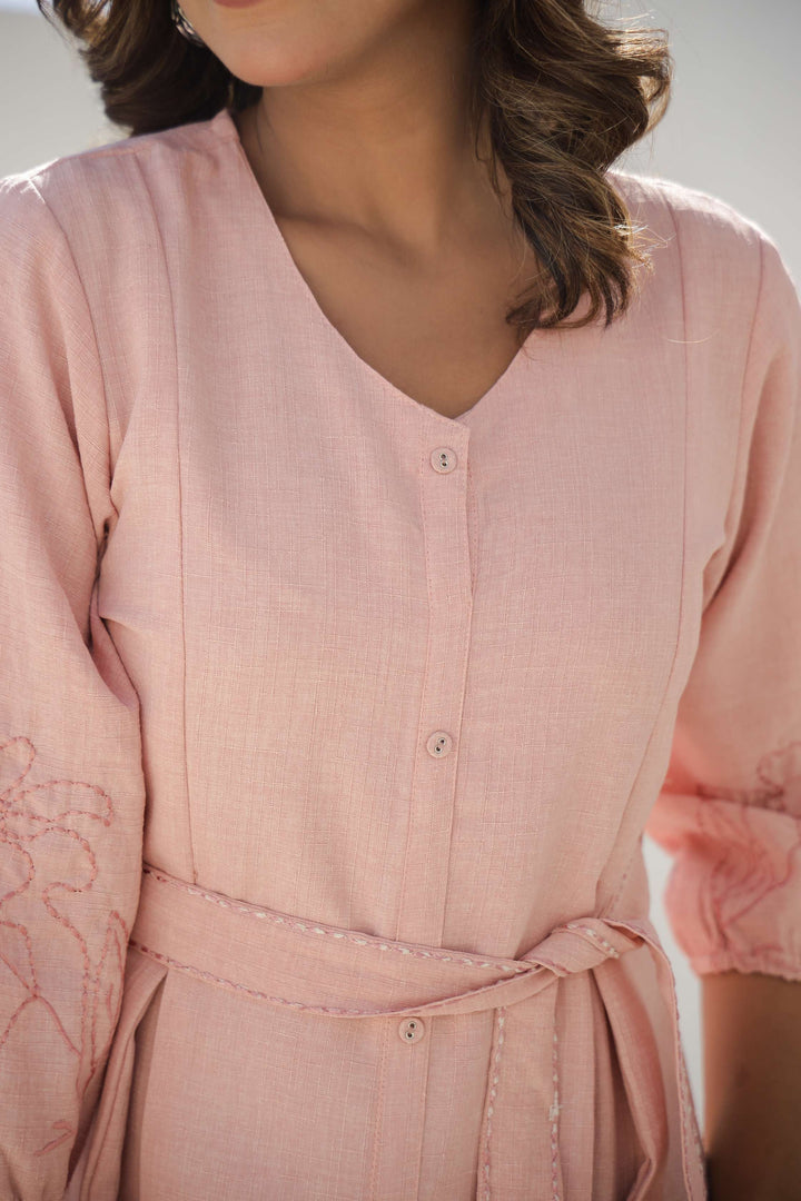 Soft Blush Pink Embroidered Cotton Midi Dress