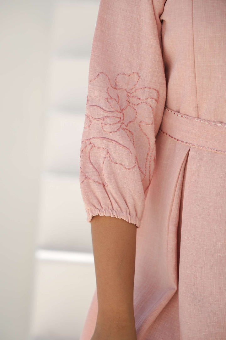 Soft Blush Pink Embroidered Cotton Midi Dress