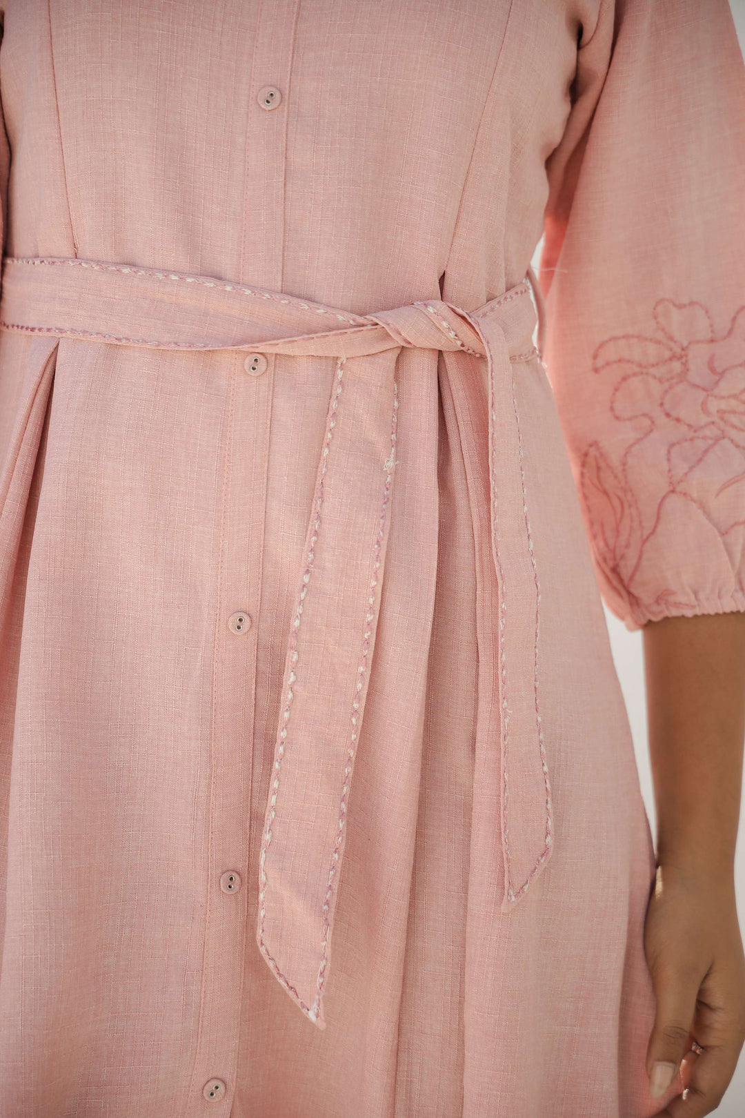 Soft Blush Pink Embroidered Cotton Midi Dress
