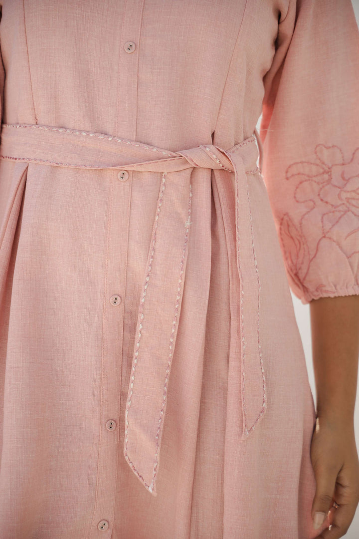 Soft Blush Pink Embroidered Cotton Midi Dress