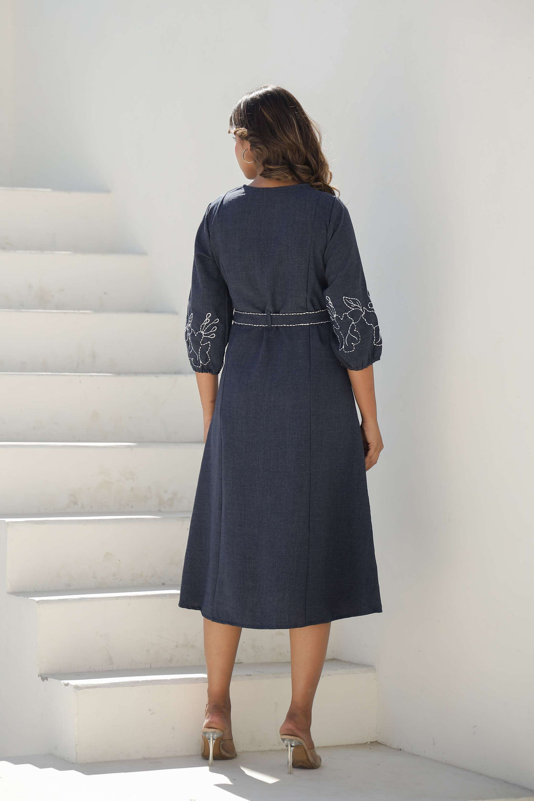 Chic Denim Blue Embroidered Cotton Dress with Belt