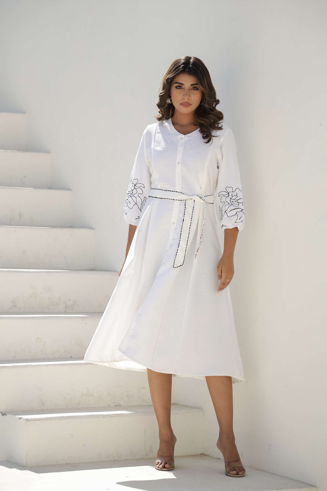 Elegant White Embroidered Cotton Midi Dress with Belt