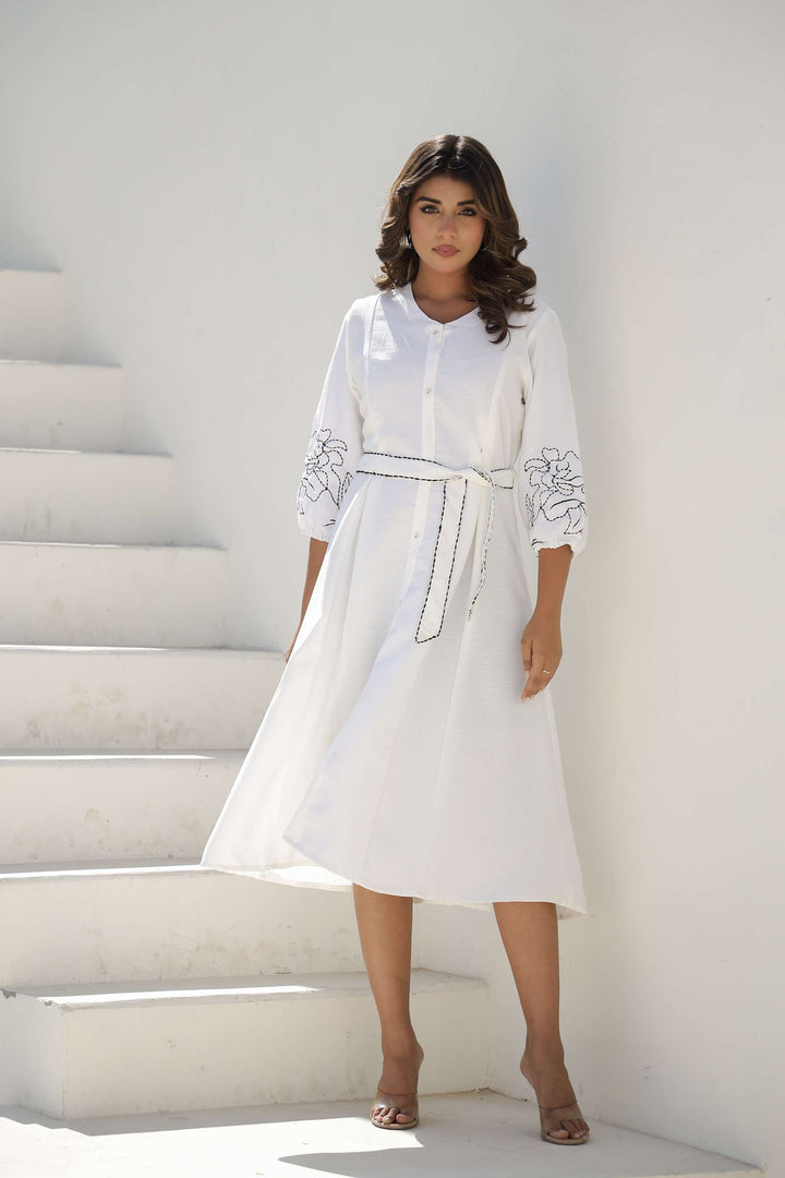 Elegant White Embroidered Cotton Midi Dress with Belt