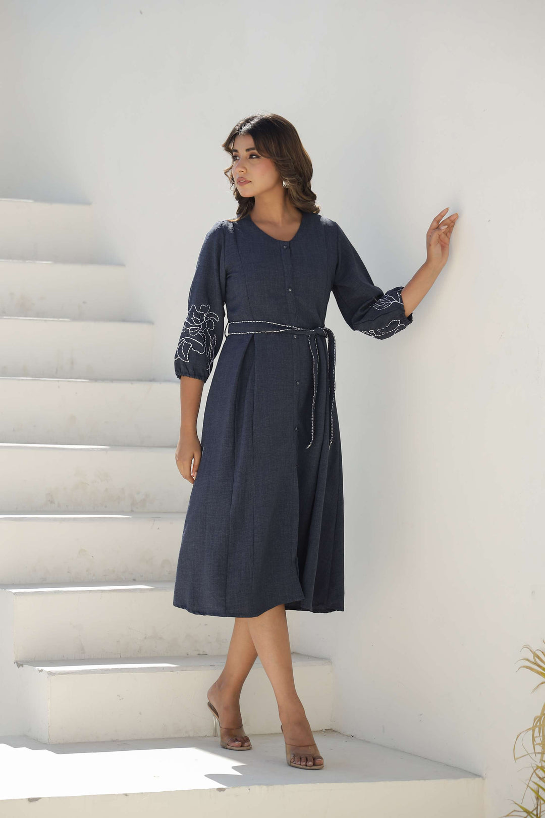 Chic Denim Blue Embroidered Cotton Dress with Belt