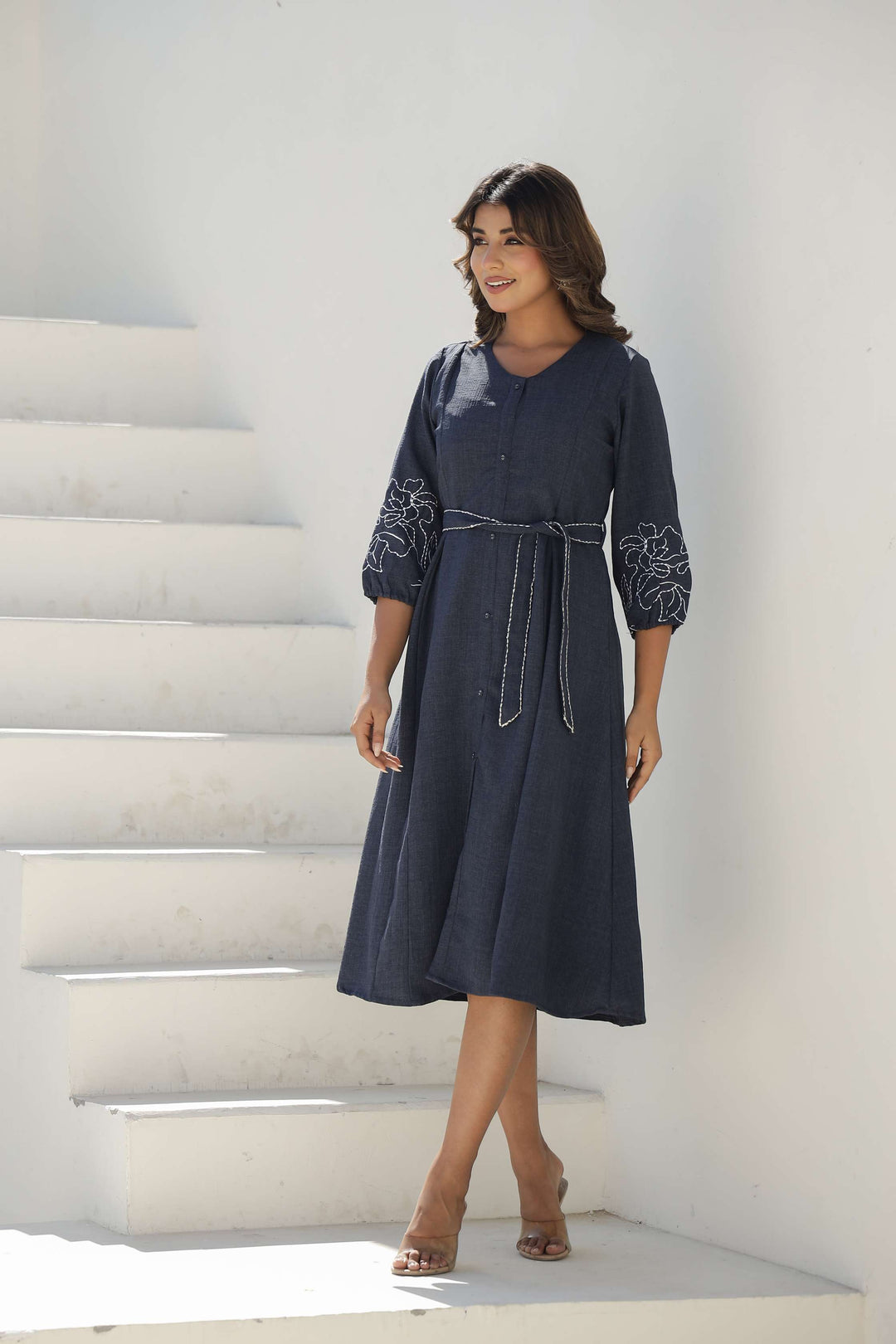Chic Denim Blue Embroidered Cotton Dress with Belt