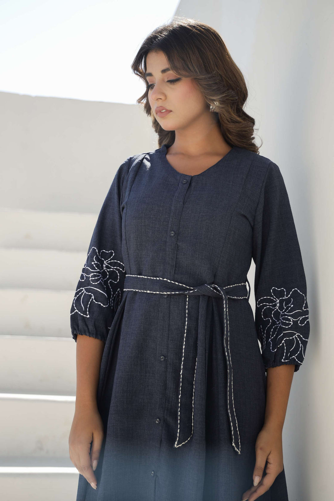 Chic Denim Blue Embroidered Cotton Dress with Belt