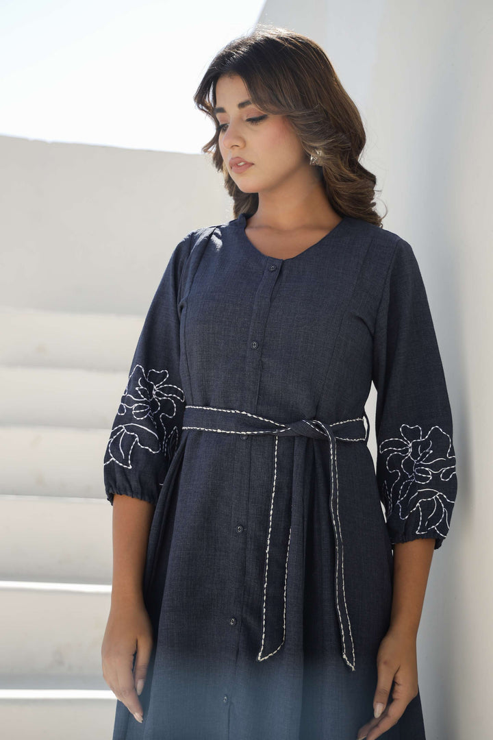 Chic Denim Blue Embroidered Cotton Dress with Belt