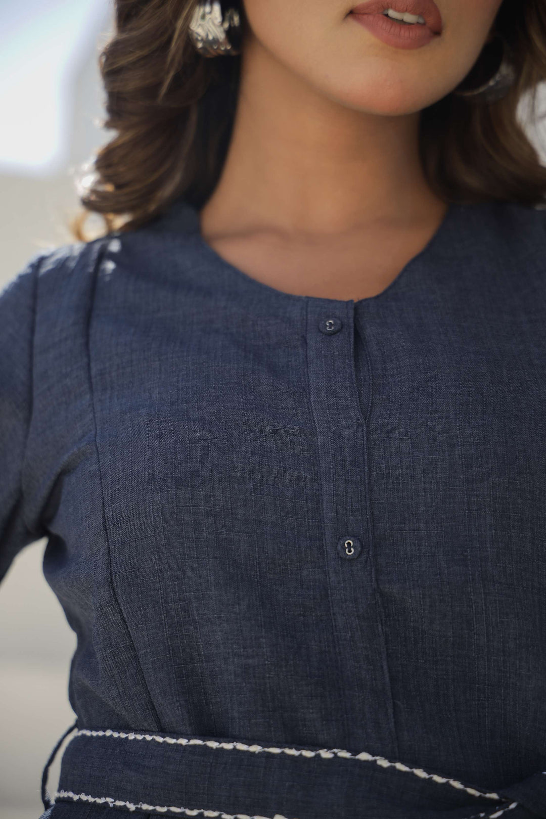 Chic Denim Blue Embroidered Cotton Dress with Belt