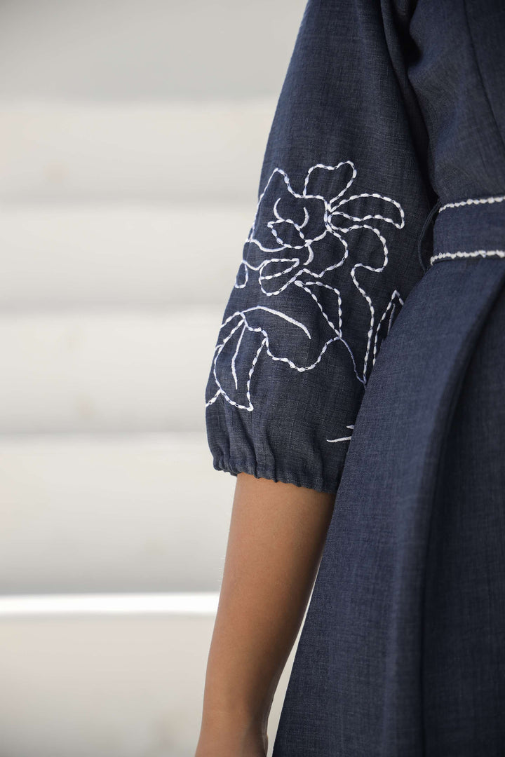 Chic Denim Blue Embroidered Cotton Dress with Belt