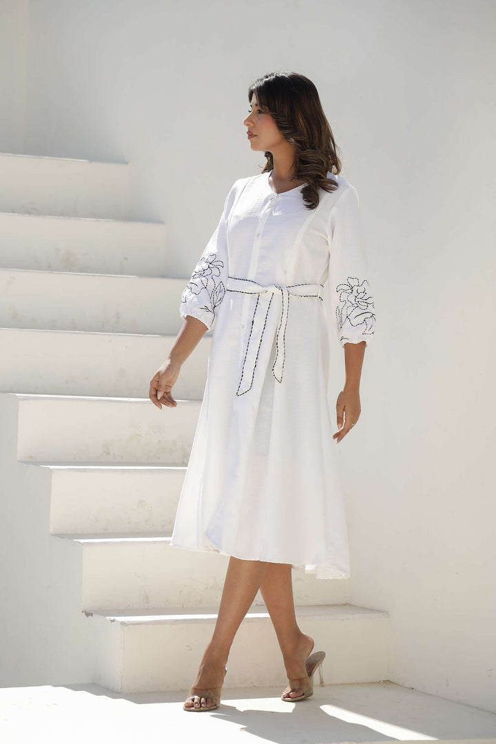 Elegant White Embroidered Cotton Midi Dress with Belt