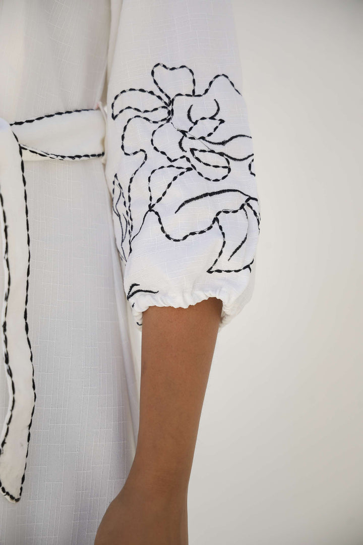 Elegant White Embroidered Cotton Midi Dress with Belt