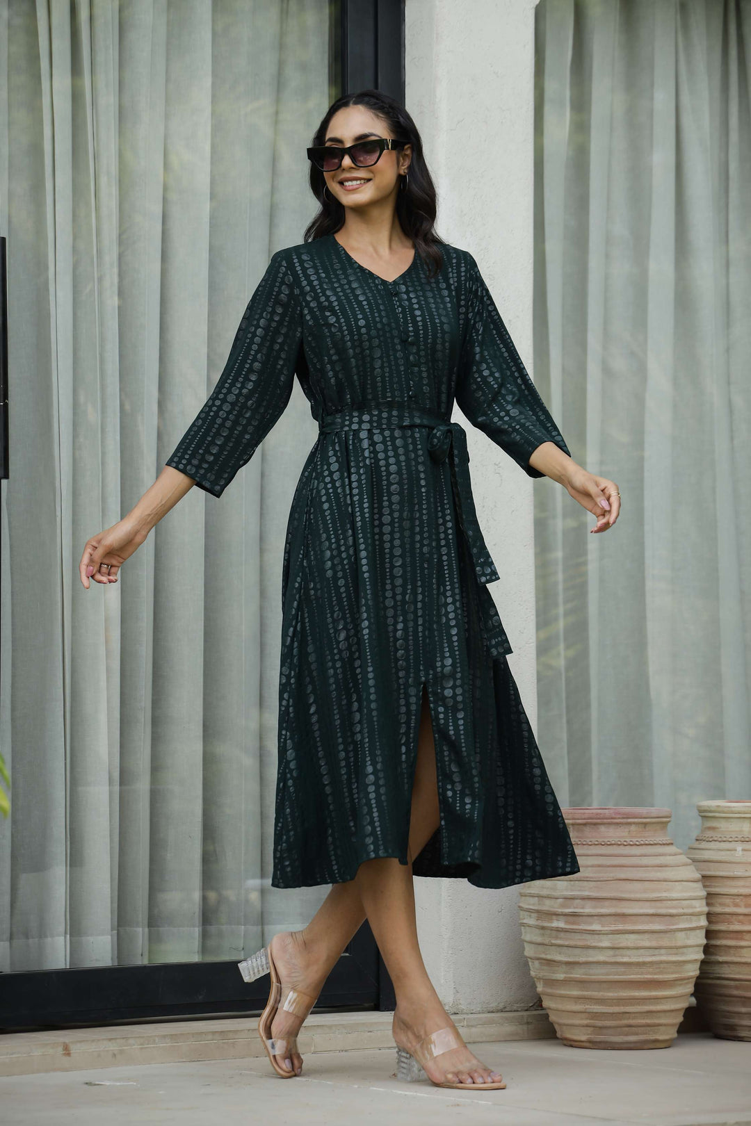 Bottle Green Printed Midi Dress with Belt & Button Front Label Flavia Bottle Green Printed Midi Dress with Belt & Button Front Label Flavia