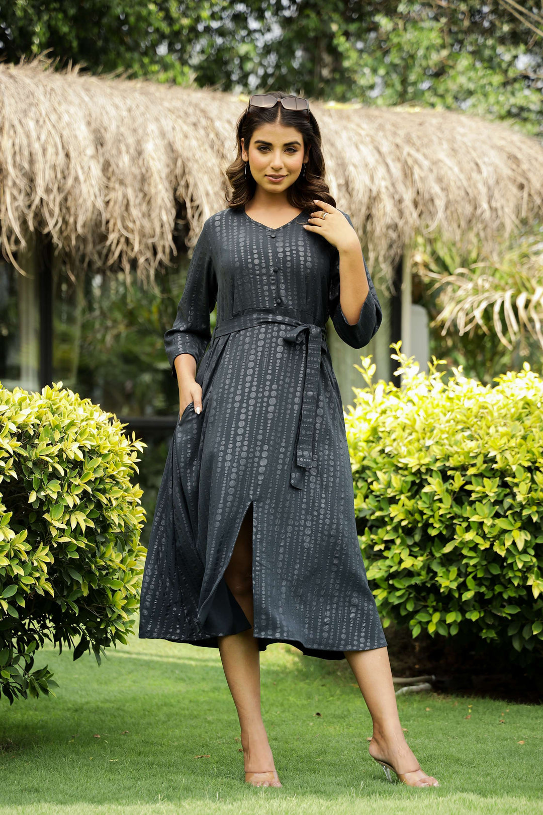 Charcoal Black Belted Midi Dress with Subtle Dot Print