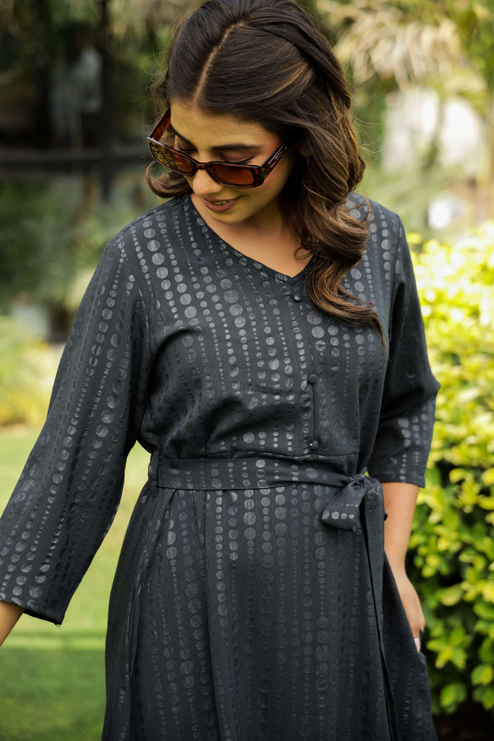 Charcoal Black Belted Midi Dress with Subtle Dot Print