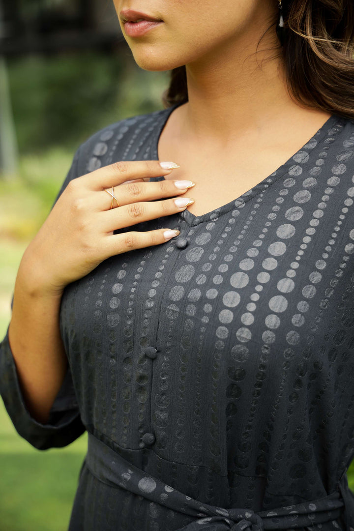 Charcoal Black Belted Midi Dress with Subtle Dot Print