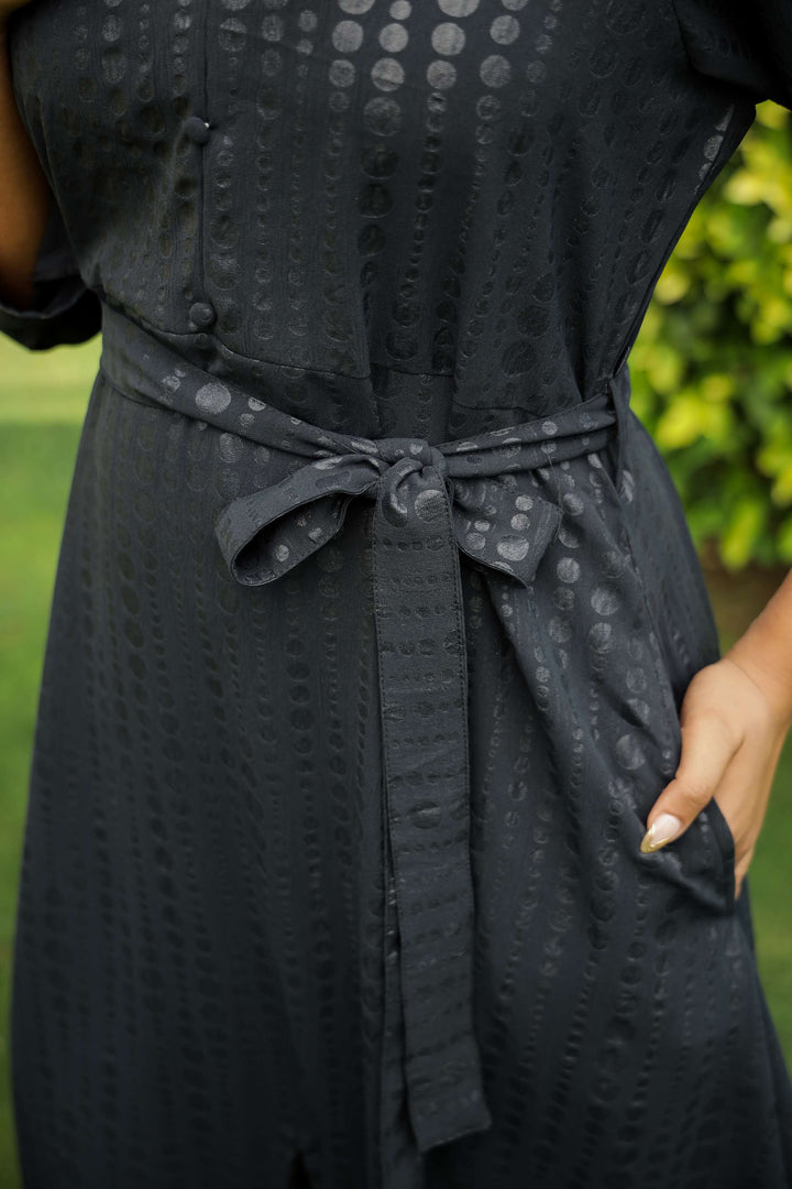 Charcoal Black Belted Midi Dress with Subtle Dot Print