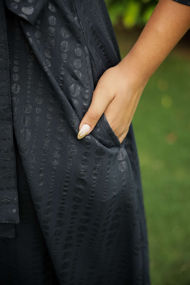 Charcoal Black Belted Midi Dress with Subtle Dot Print