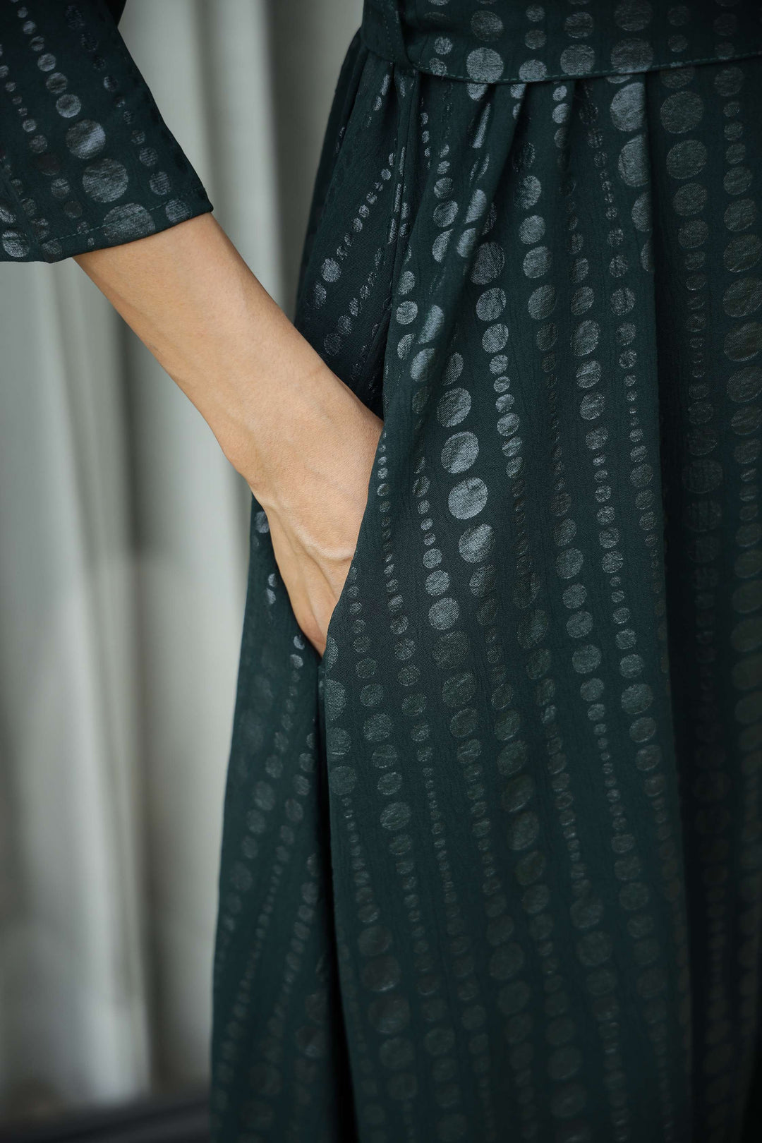 Bottle Green Printed Midi Dress with Belt & Button Front