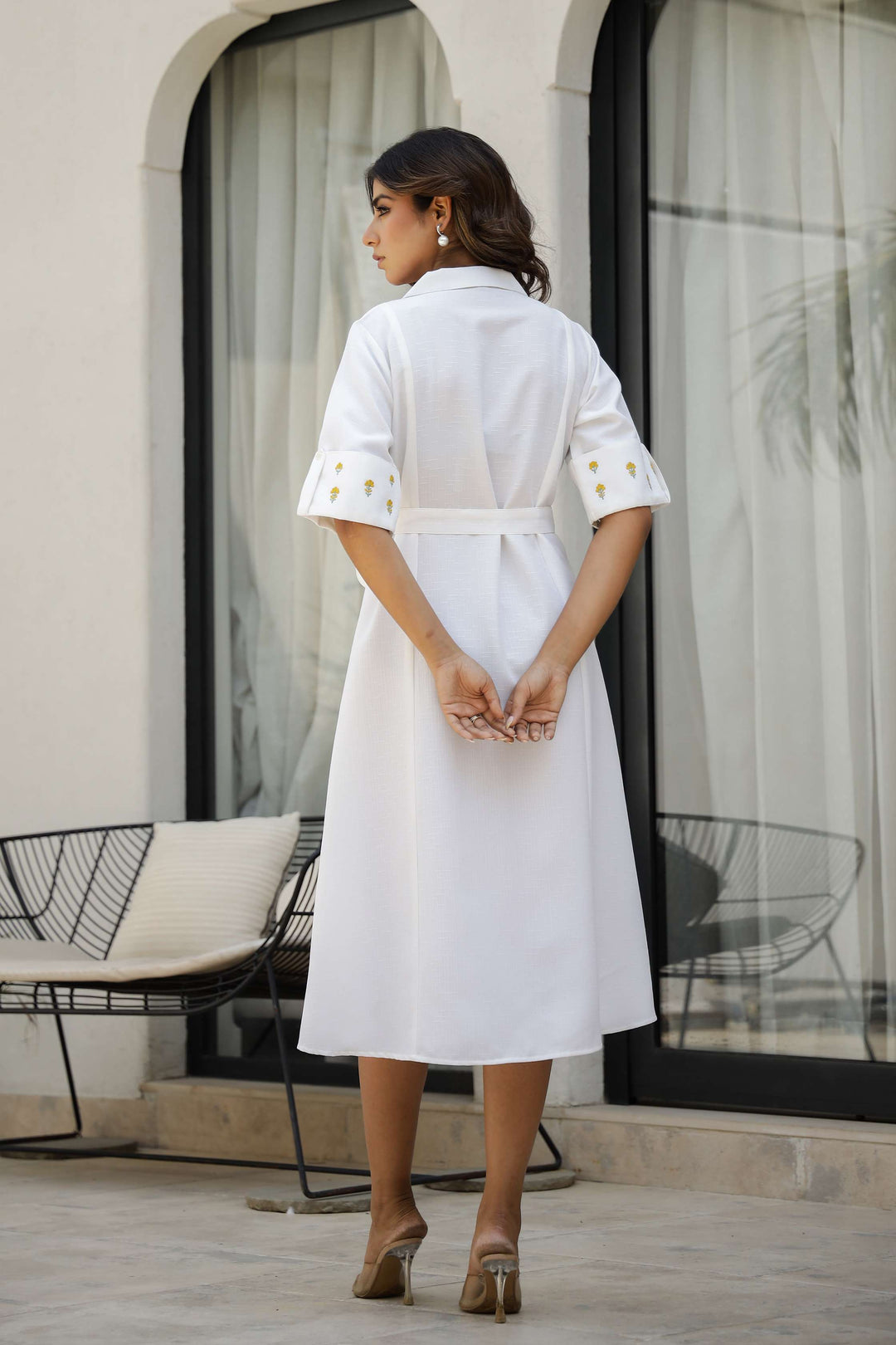 White Cotton Shirt Dress with Embroidered Sleeves and Tie-Up Belt