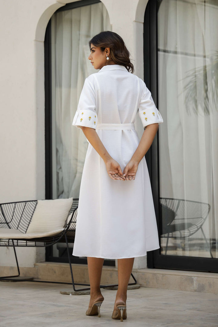 White Cotton Shirt Dress with Embroidered Sleeves and Tie-Up Belt