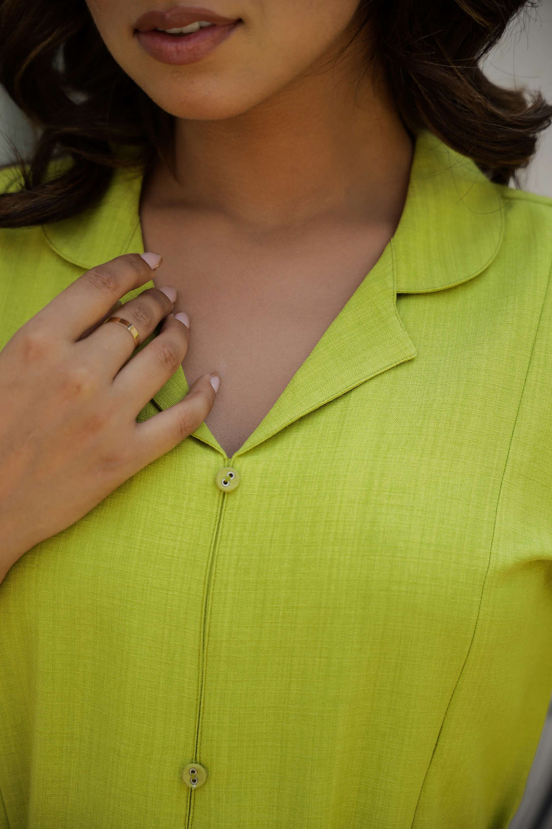 Lime Green Cotton Shirt Dress with Embroidered Sleeves & Belt