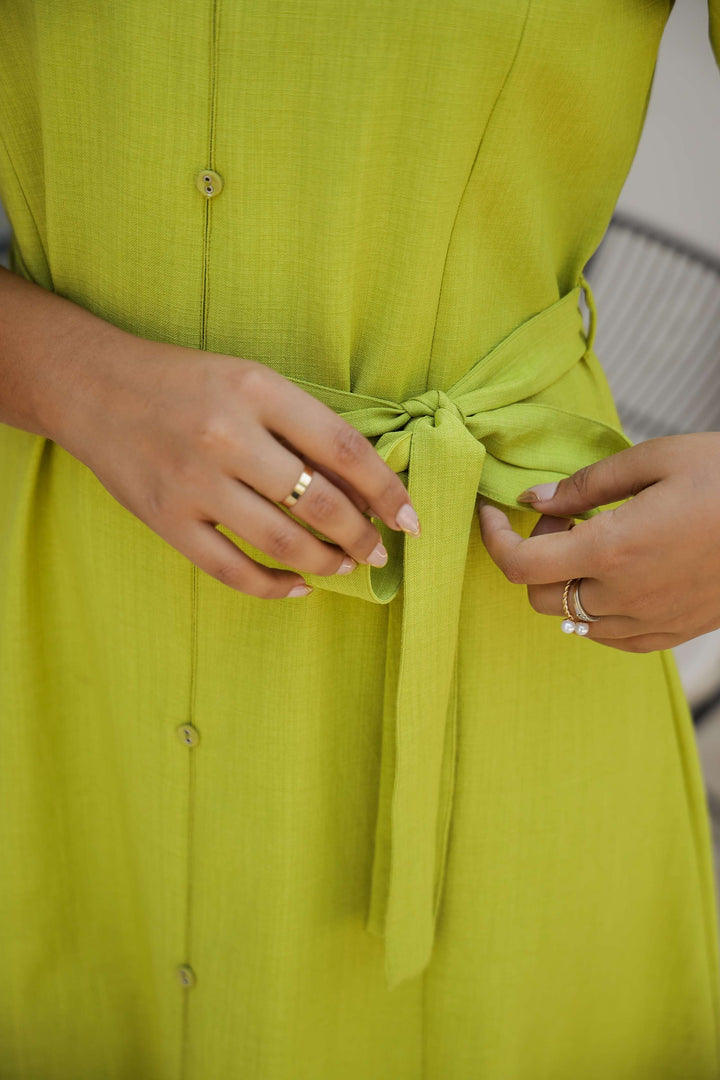 Lime Green Cotton Shirt Dress with Embroidered Sleeves & Belt