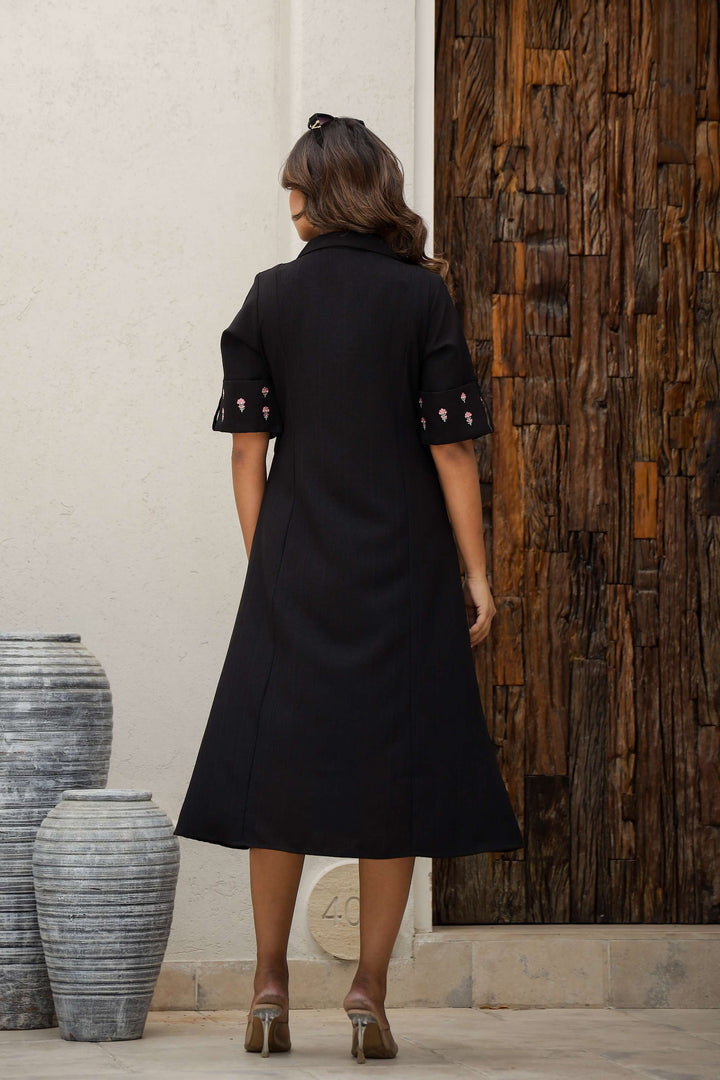 Classic Black Cotton Shirt Dress with Belt & Embroidered Sleeves