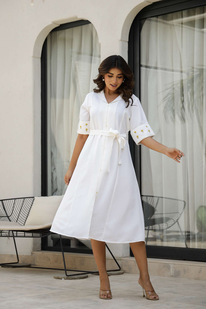 White Cotton Shirt Dress with Embroidered Sleeves and Tie-Up Belt