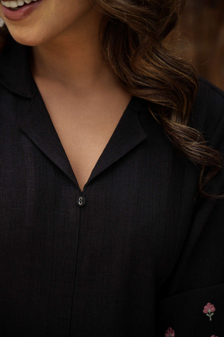 Classic Black Cotton Shirt Dress with Belt & Embroidered Sleeves