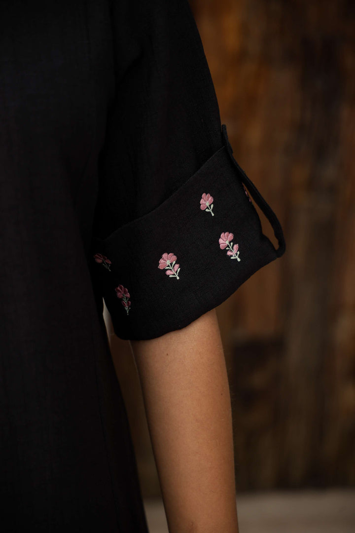 Classic Black Cotton Shirt Dress with Belt & Embroidered Sleeves