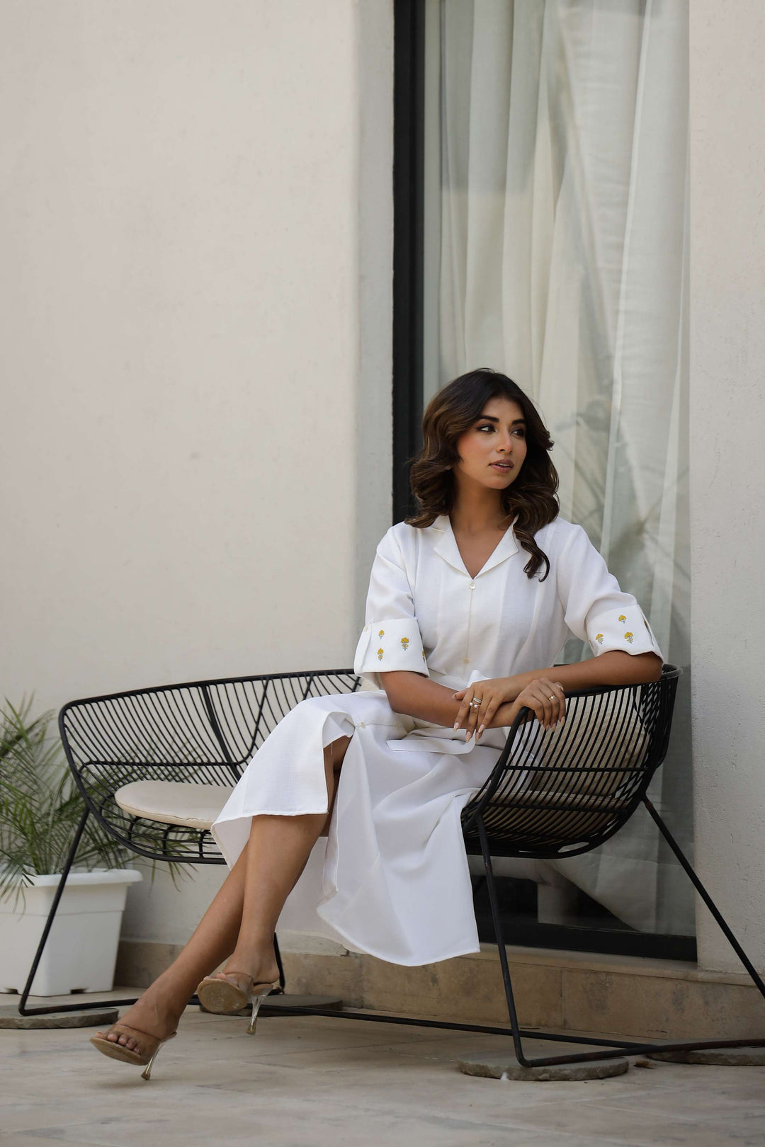 White Cotton Shirt Dress with Embroidered Sleeves and Tie-Up Belt