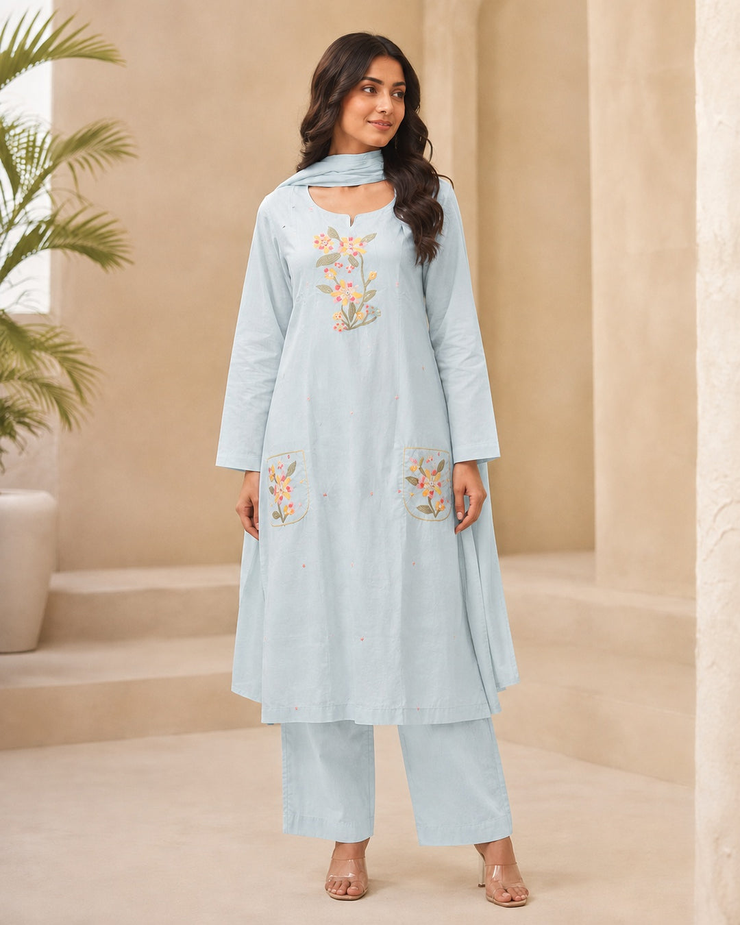 Sky Blue Floral Embroidered Set