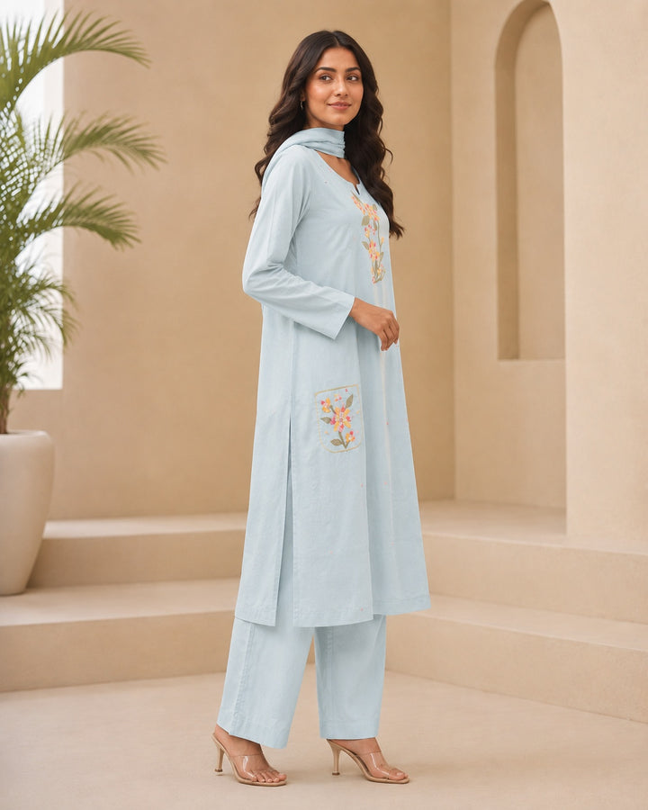 Sky Blue Floral Embroidered Set