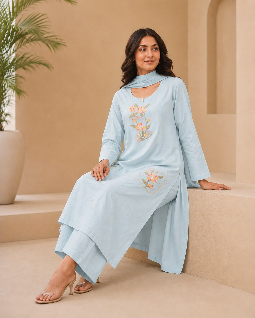 Sky Blue Floral Embroidered Set