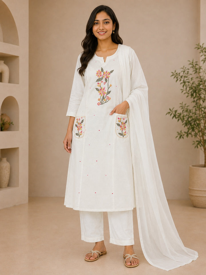 Ivory Floral Embroidered Cotton 3-Piece Suit Set