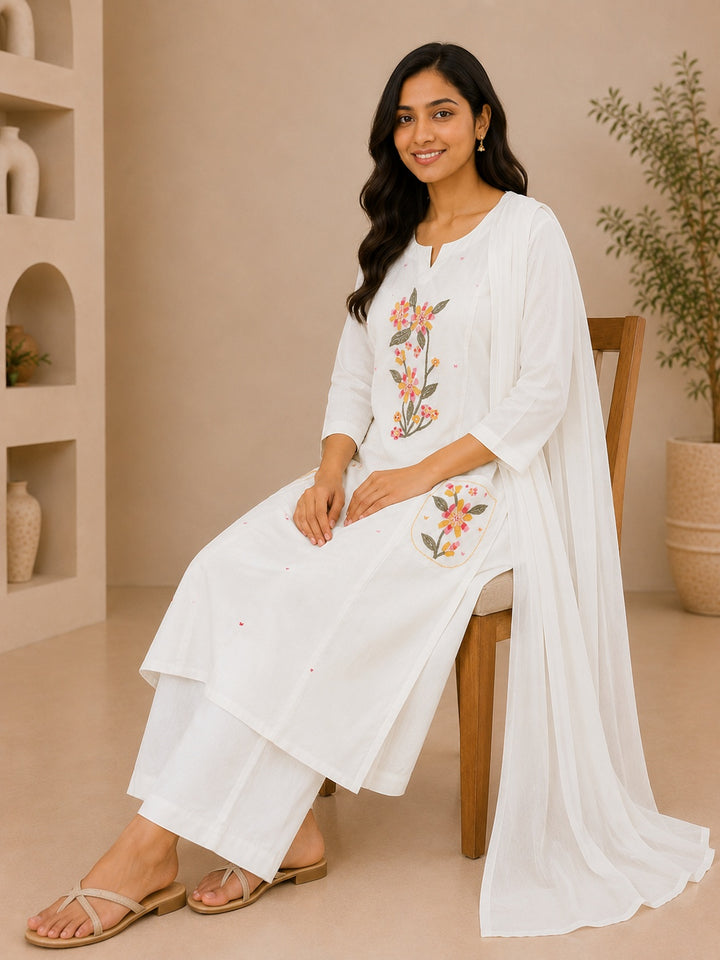 Ivory Floral Embroidered Cotton 3-Piece Suit Set