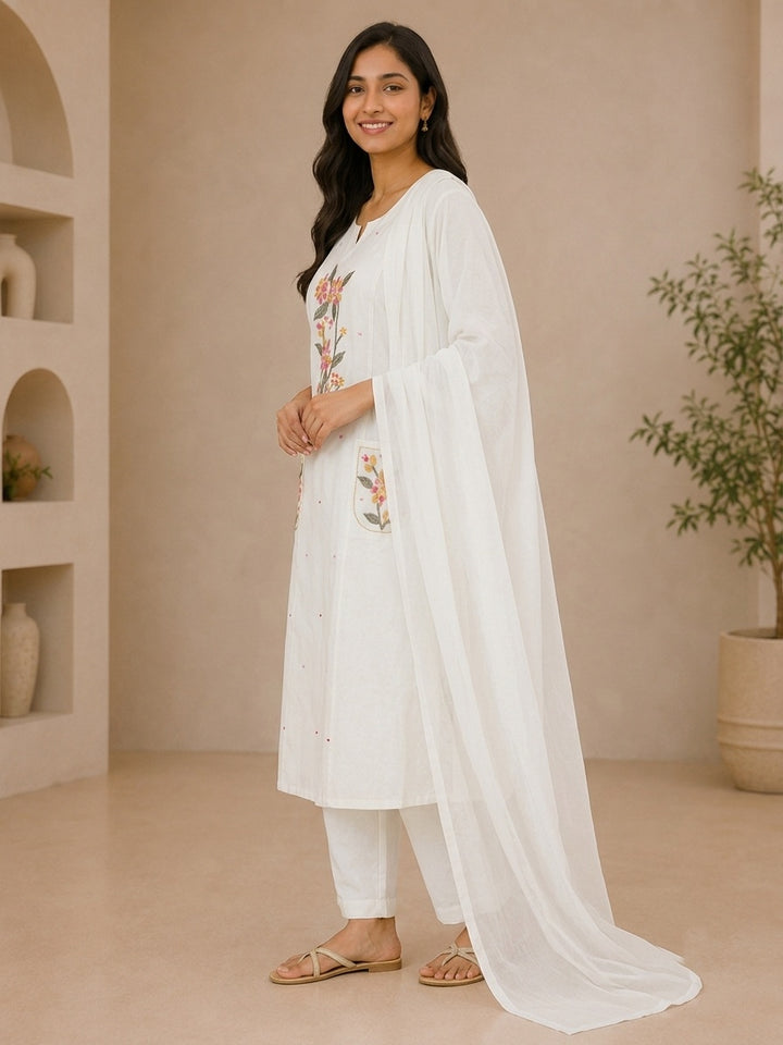 Ivory Floral Embroidered Cotton 3-Piece Suit Set