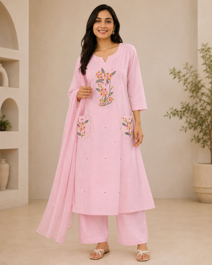 Pink Floral Embroidered Cotton Kurta Set