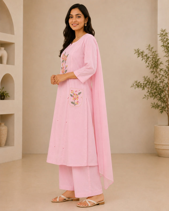 Pink Floral Embroidered Cotton Kurta Set