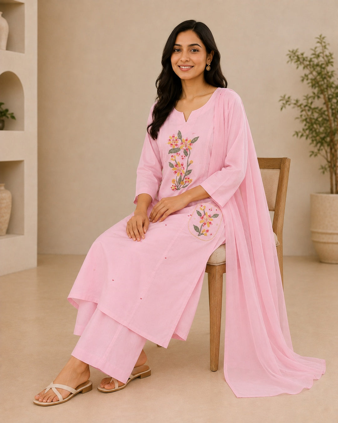 Pink Floral Embroidered Cotton Kurta Set