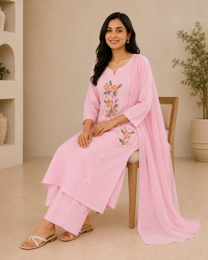 Pink Floral Embroidered Cotton Kurta Set