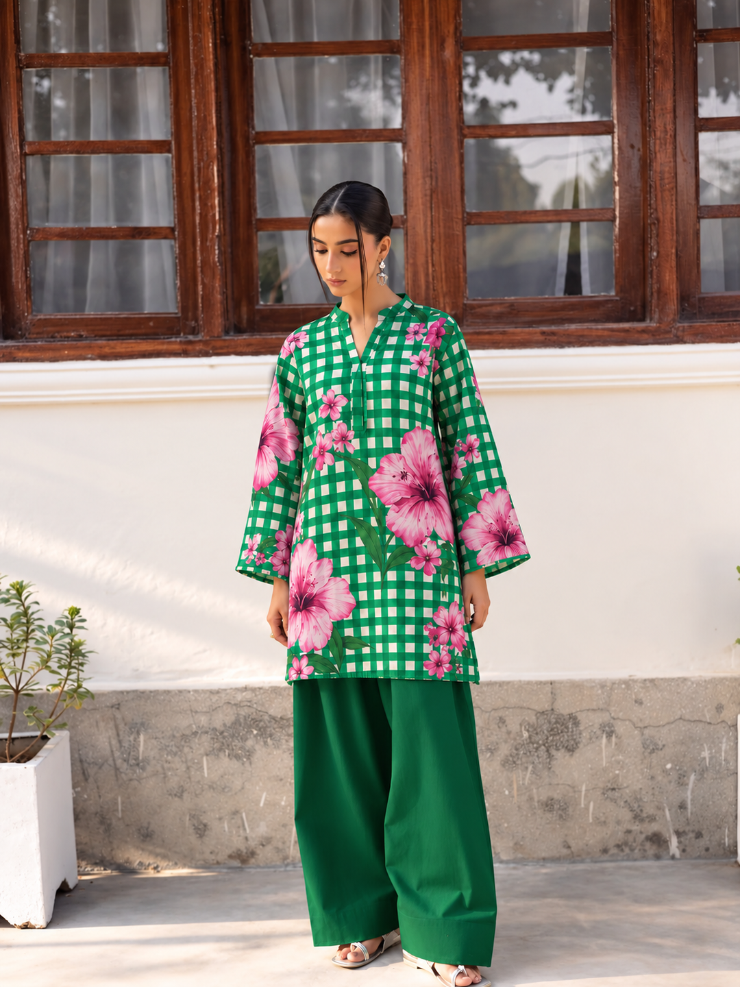 Emerald Hibiscus Gingham Farsi Salwar front view