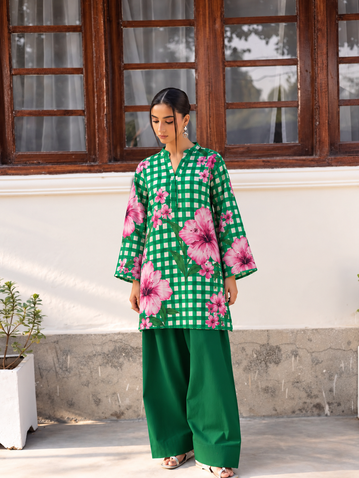 Emerald Hibiscus Gingham Farsi Salwar front view