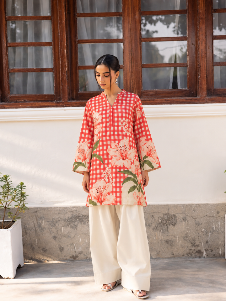 Coral Blossom Gingham Farsi Salwar front view