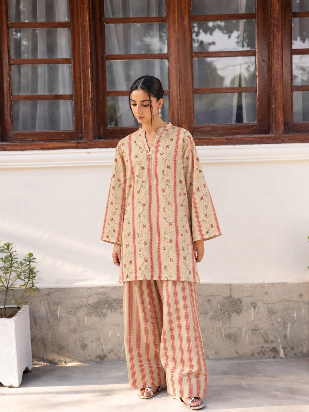 Terracotta Botanical Stripe Farsi Salwar front view
