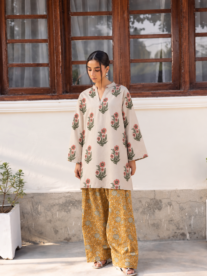Ivory Floral Mustard Farsi Salwar front view